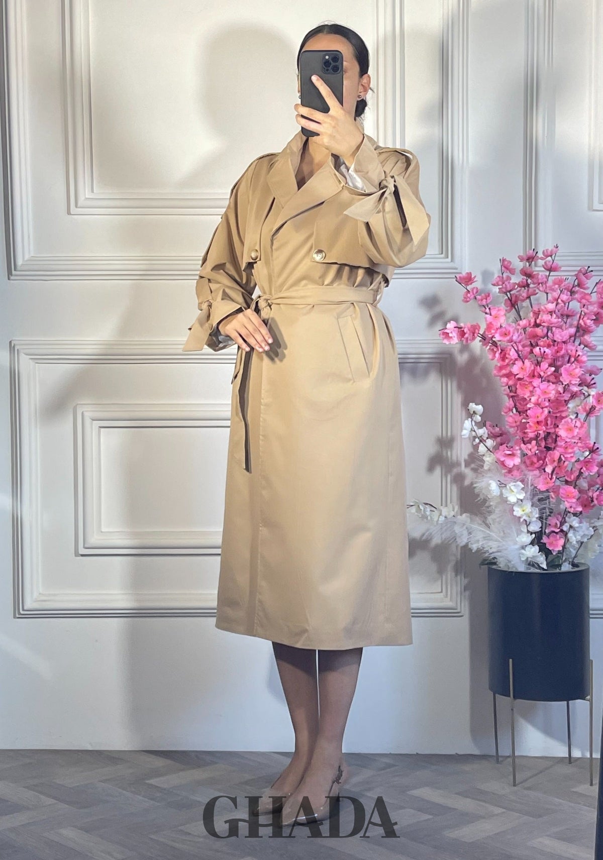 Trench-coat long oversize - Beige détail broderie - manteau femme - GHADA FASHION