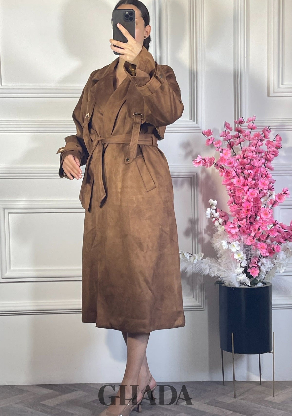 Trench manteau long en daim - Camel détail broderie - manteau femme - GHADA FASHION