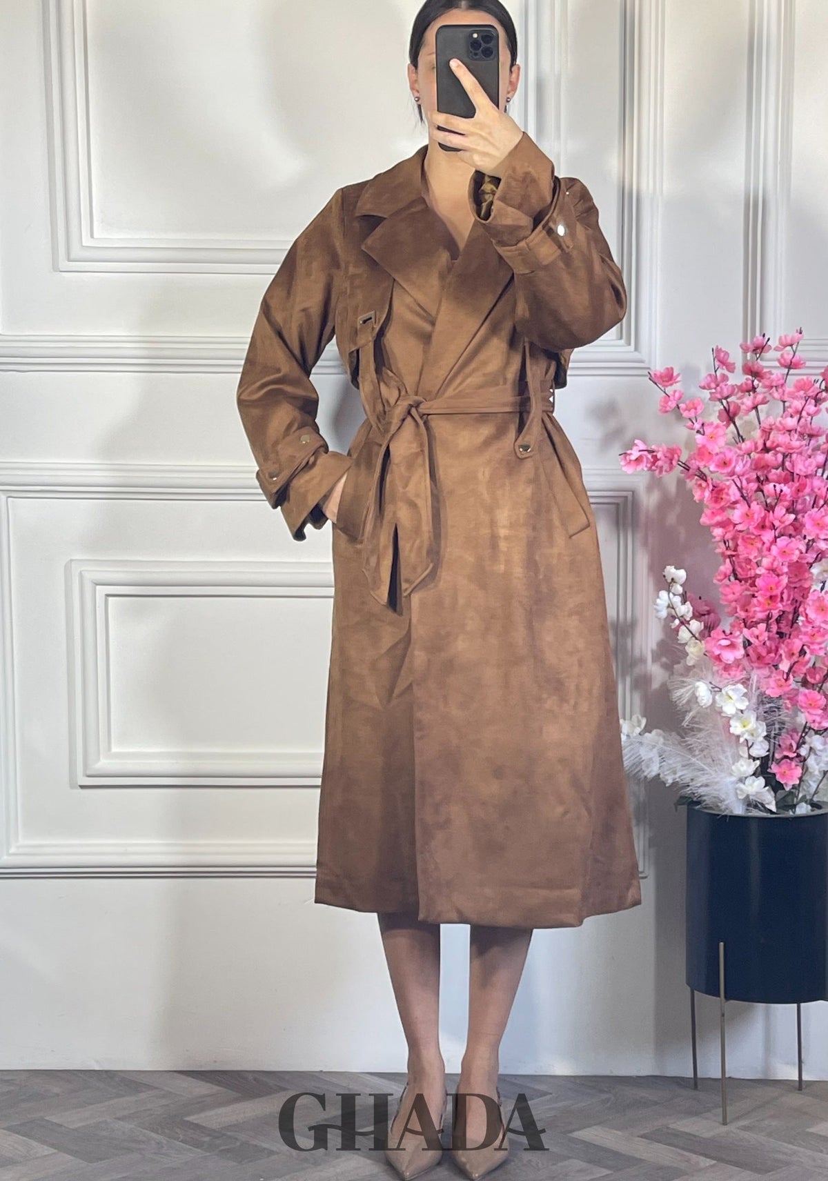 Trench manteau long en daim - Camel vue complète - manteau femme - GHADA FASHION