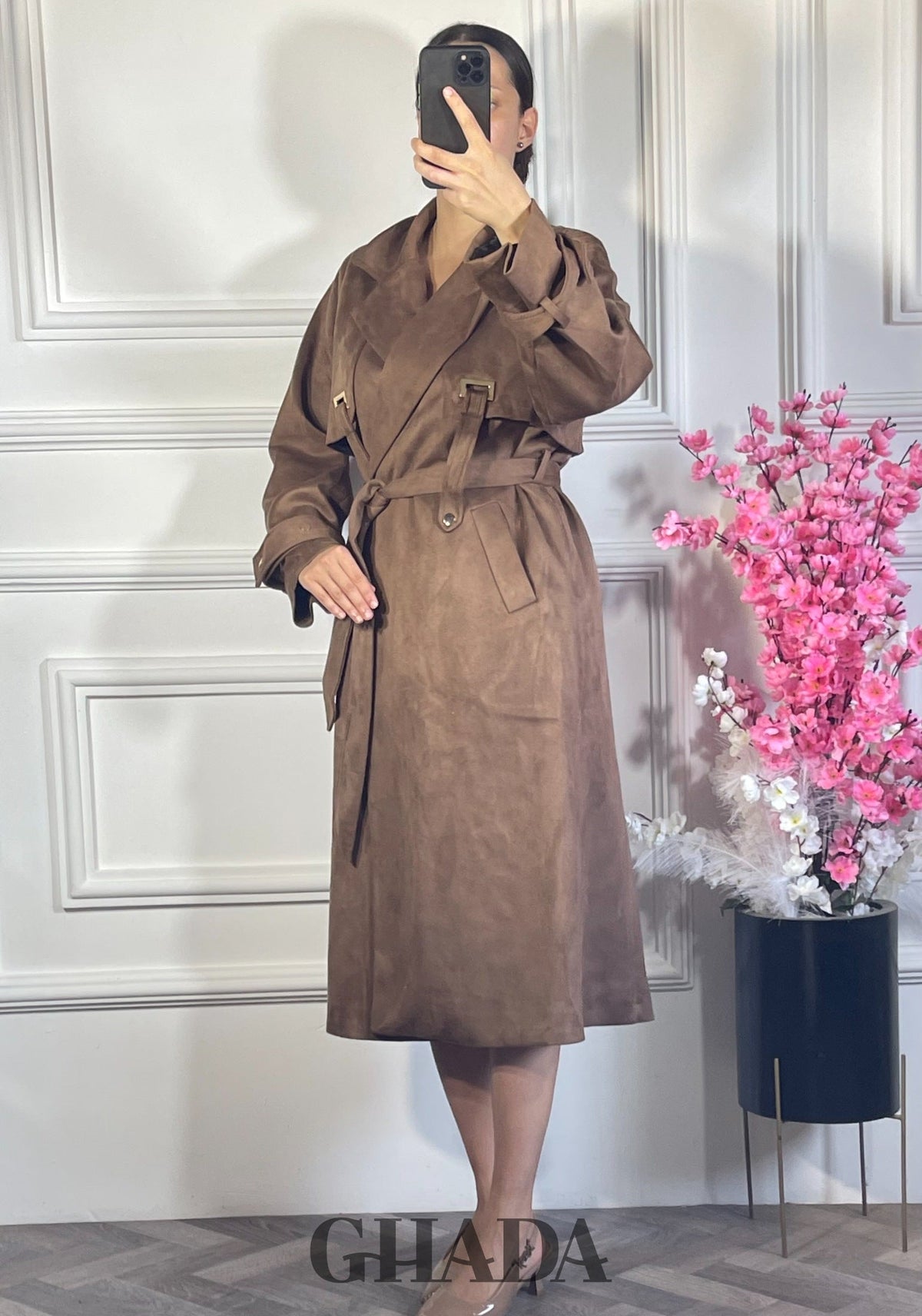 Trench manteau long en daim - Marron vue complète - manteau femme - GHADA FASHION