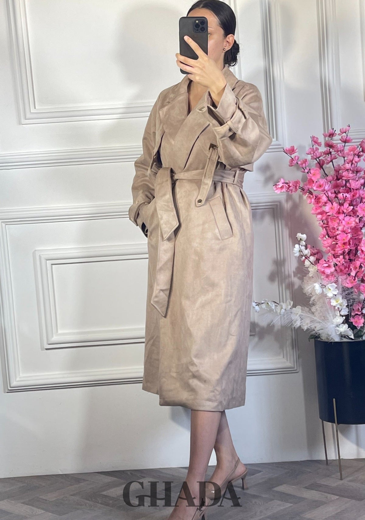 Trench manteau long en daim - Beige détail broderie - manteau femme - GHADA FASHION