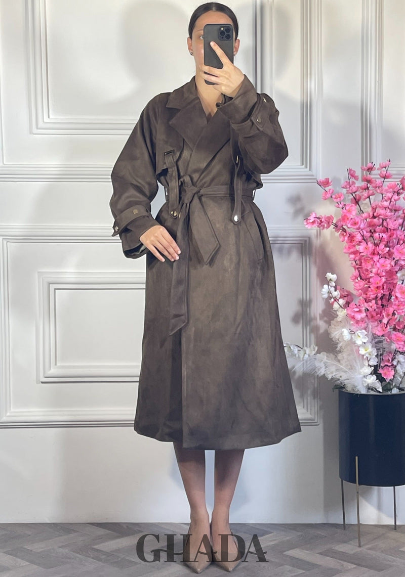 Trench manteau long en daim - Marron chocolat