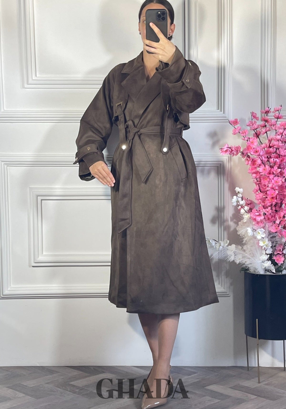 Trench manteau long en daim - Marron chocolat vue complète - manteau femme - GHADA FASHION
