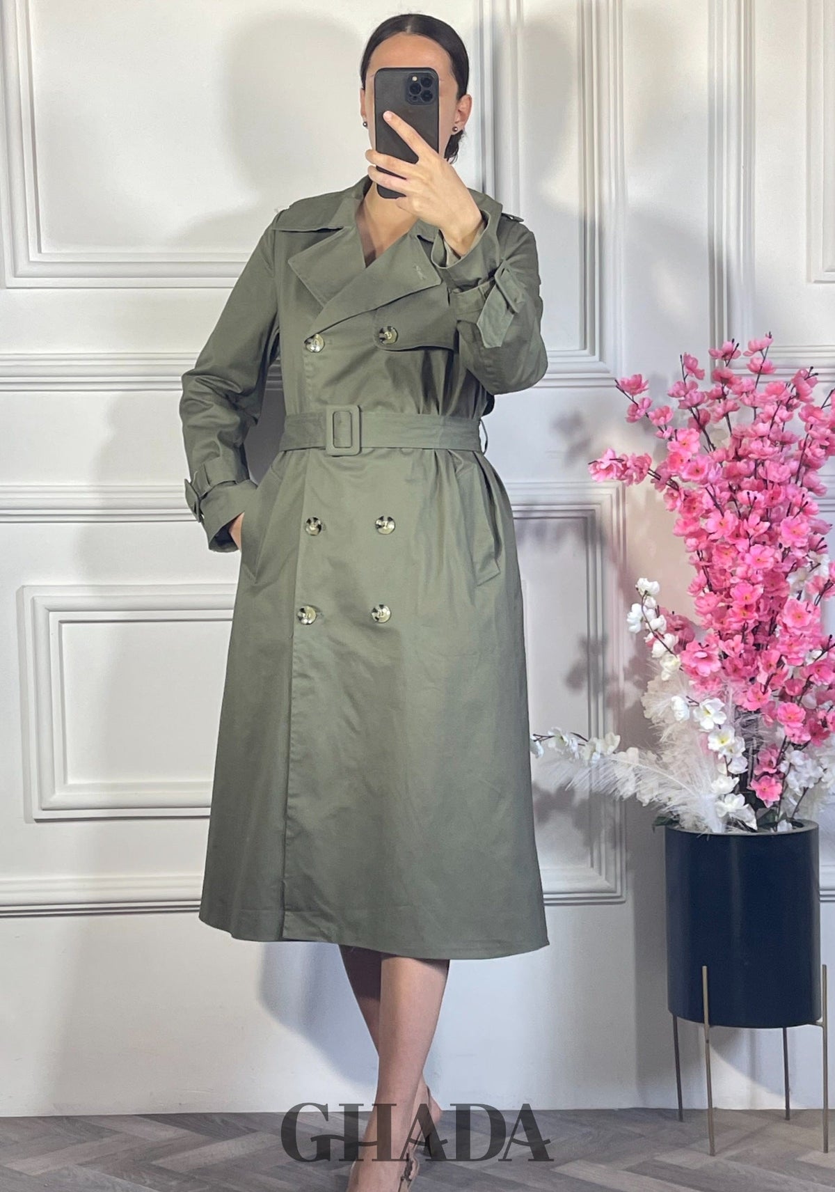 Trench-coat long double boutonnage - Vert kaki détail broderie - manteau femme - GHADA FASHION