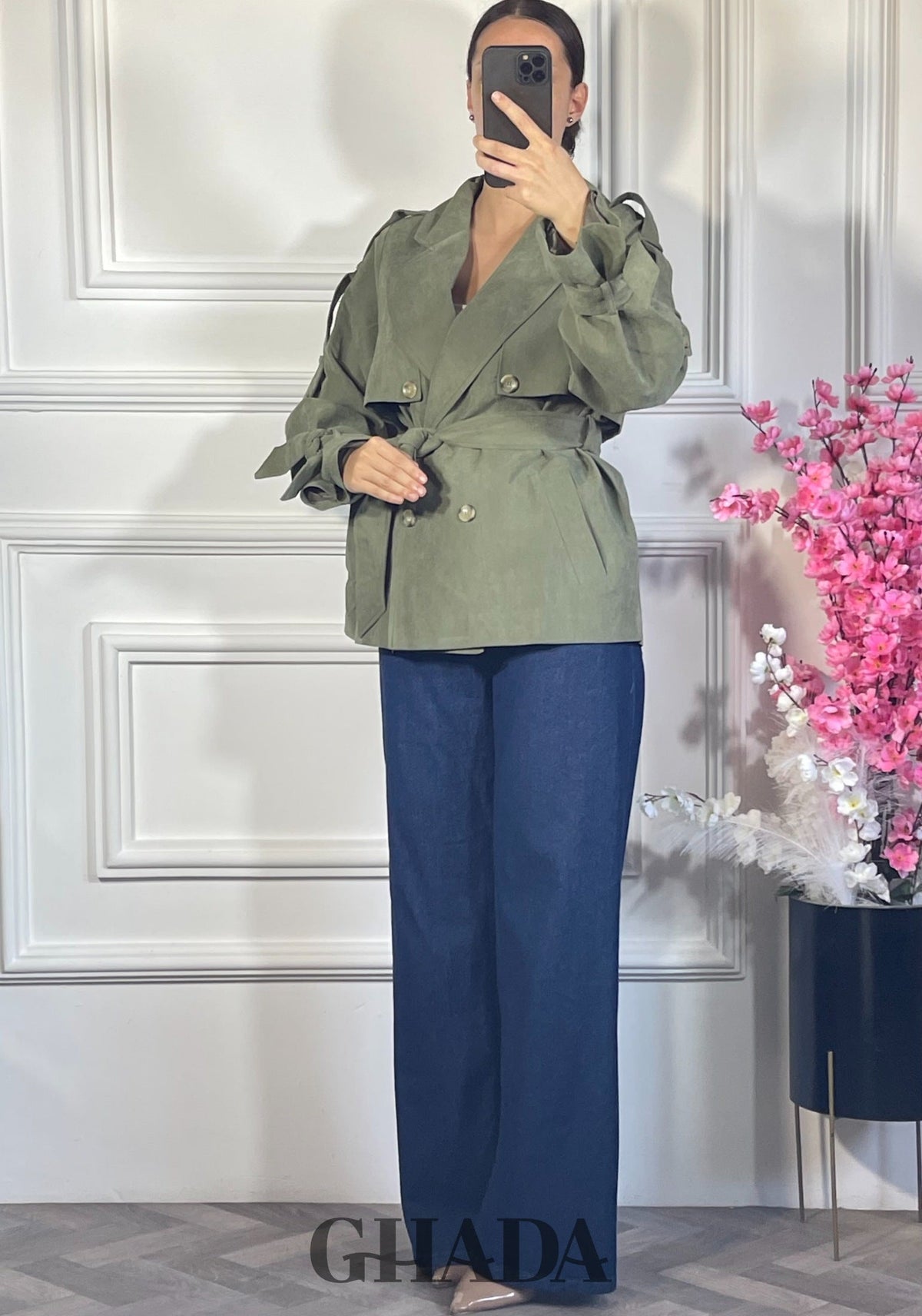 Trench-coat court - Vert Kaki détail broderie - manteau femme - GHADA FASHION