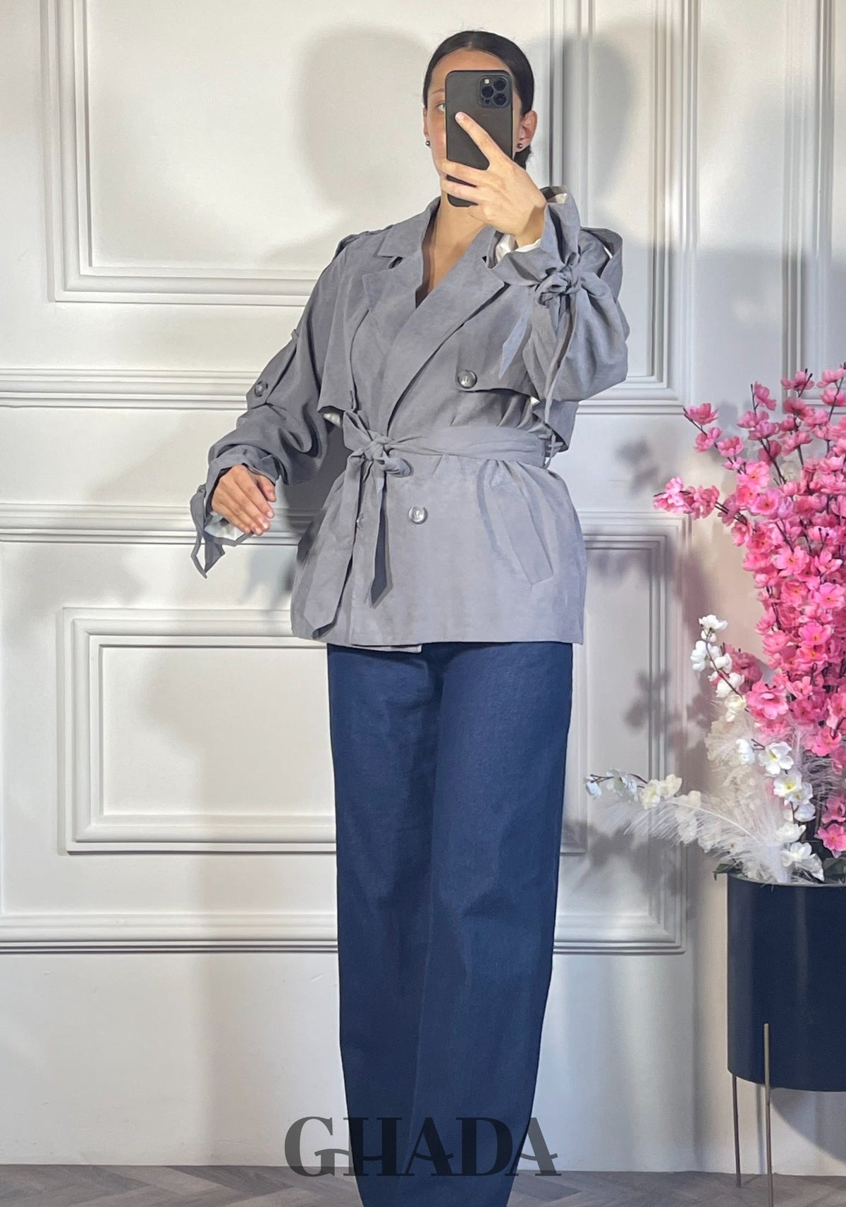 Trench-coat court - Gris vue complète - manteau femme - GHADA FASHION
