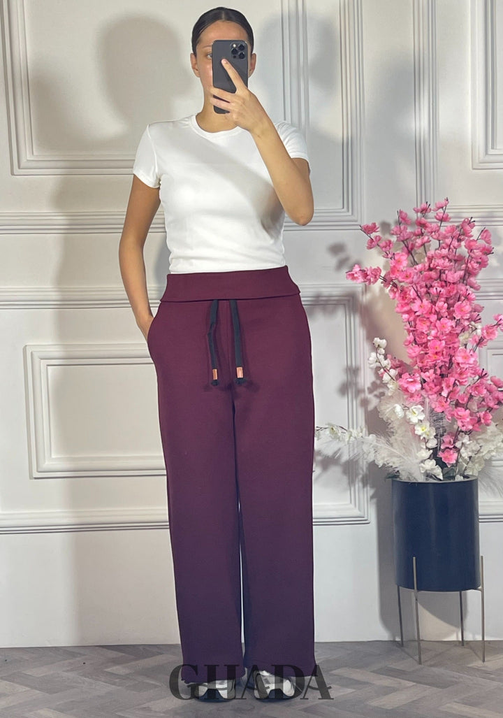 بنطلون نسائي واسع Wide Leg باللون العنابي – GHADA