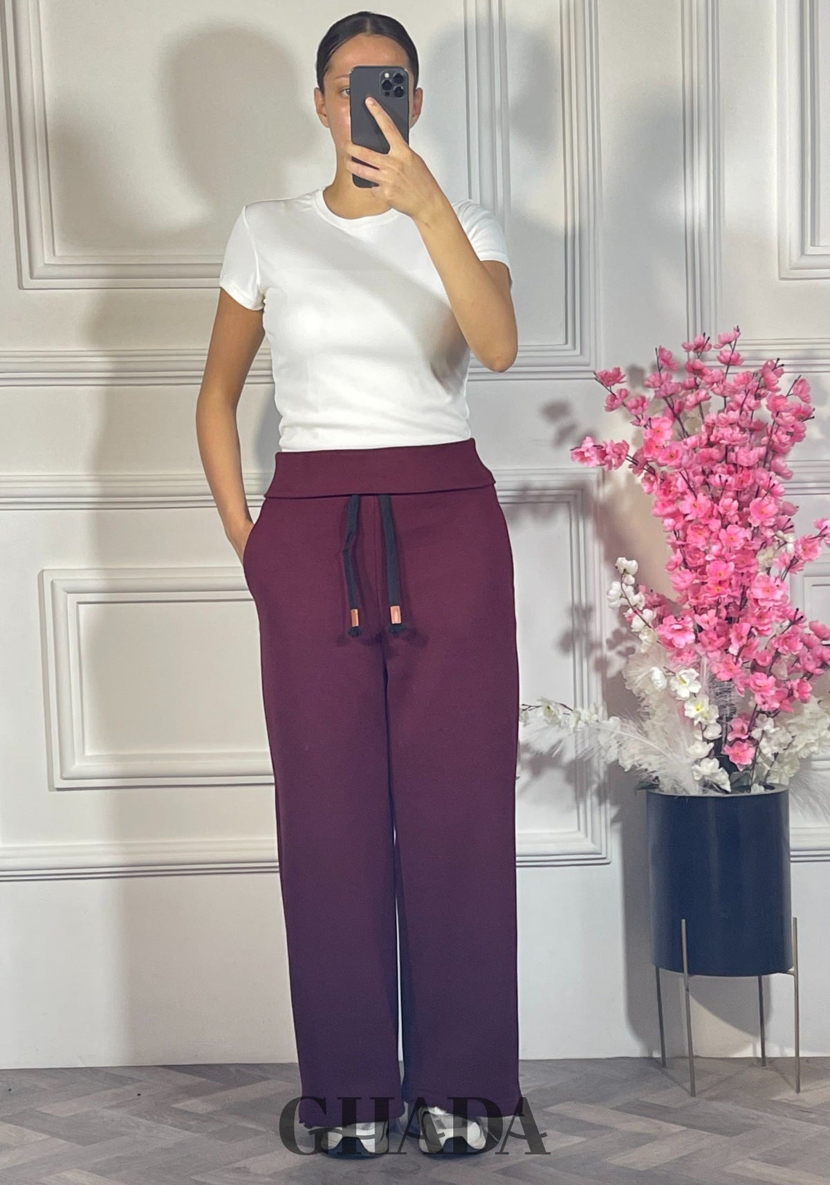 Pantalon wide leg - Bordeaux vue de face - jupe femme - GHADA FASHION