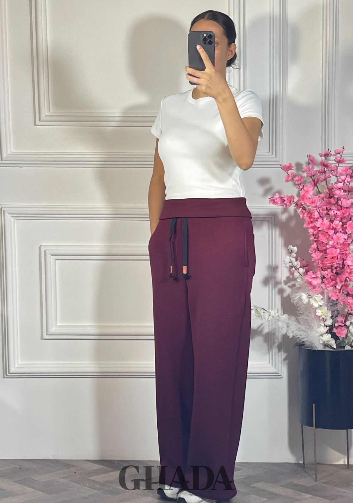Pantalon wide leg - Bordeaux vue de dos - jupe femme - GHADA FASHION