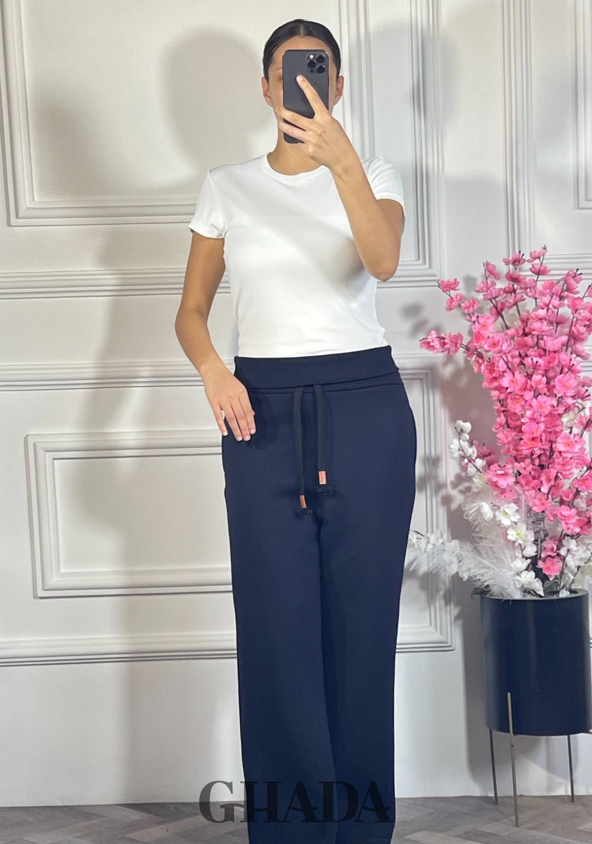 Pantalon wide leg - Bleu marine détail broderie - jupe femme - GHADA FASHION
