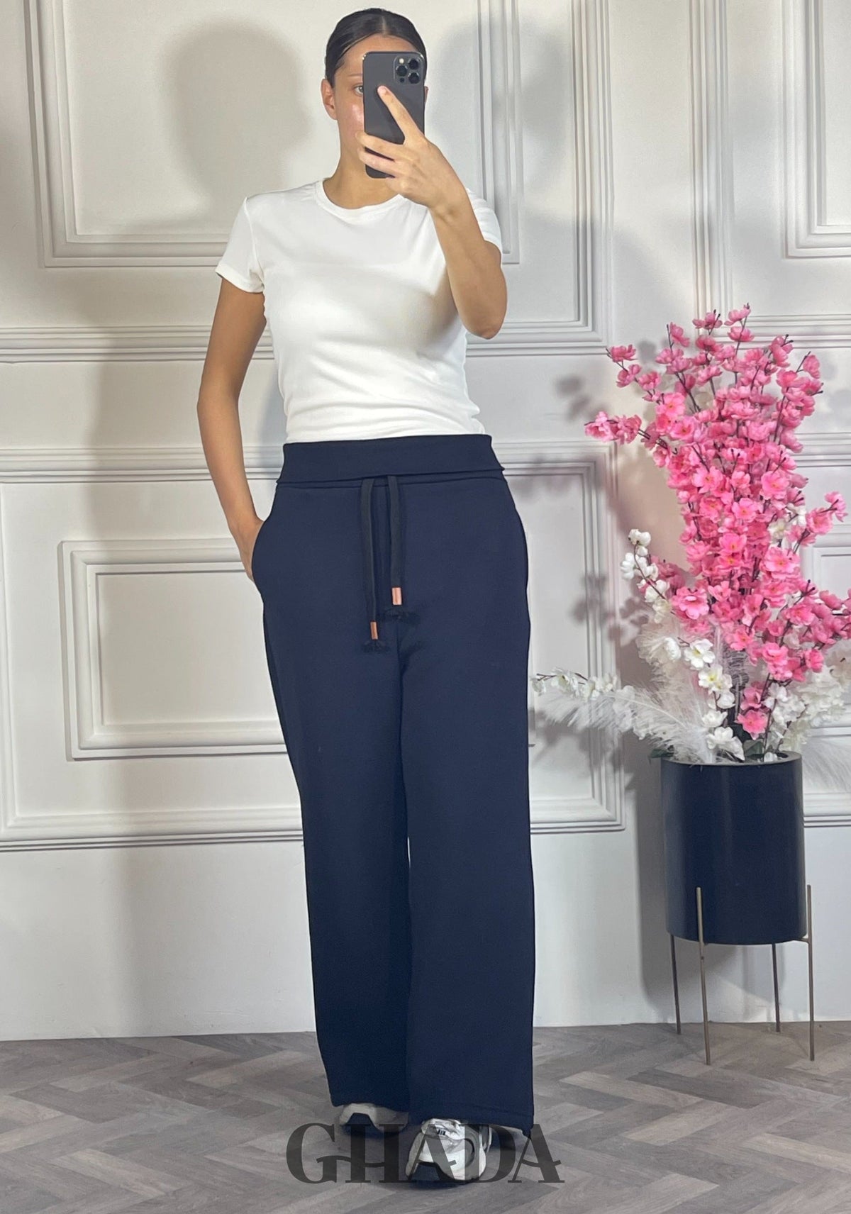 Pantalon wide leg - Bleu marine vue de face - jupe femme - GHADA FASHION
