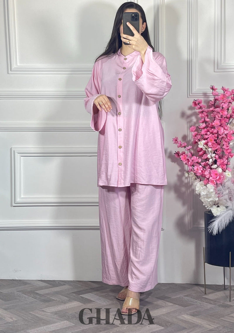 Ensemble en lin brodé - rose