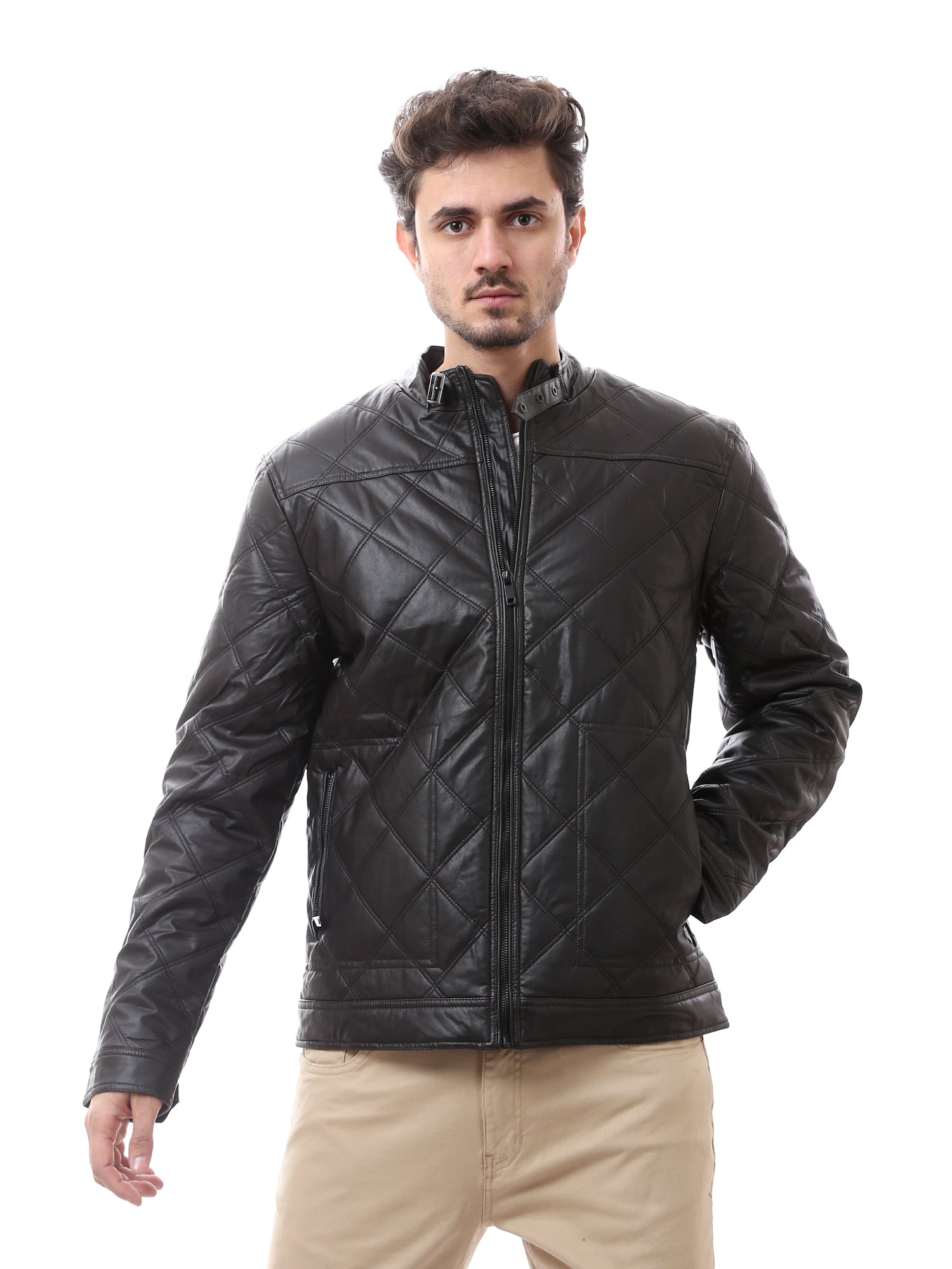جاكيت رجالي جلد صناعي مبطّن بتصميم شبابي - JAC23WLET28262TM1