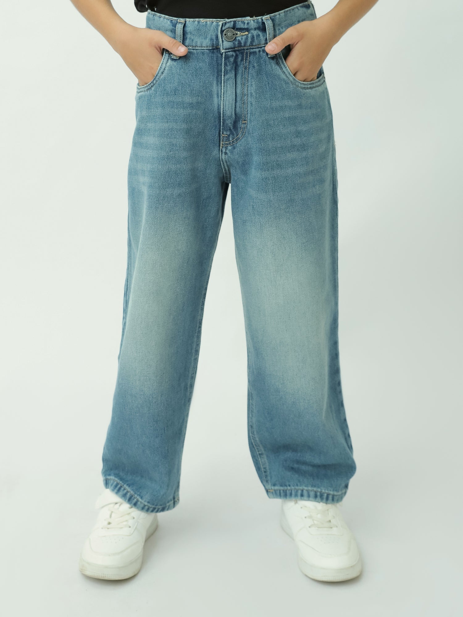 Jean garçon coupe large (Wide Leg) – Denim bleu délavé, style tendance - JNS24GPBW31394TB1