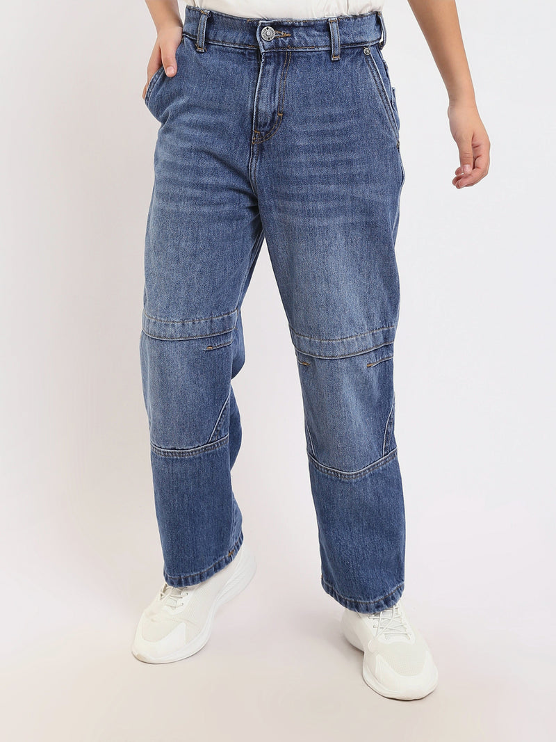 Jean garçon coupe large en denim bleu avec surpiqûres – Style streetwear - JNS25GBBW22146TJ1