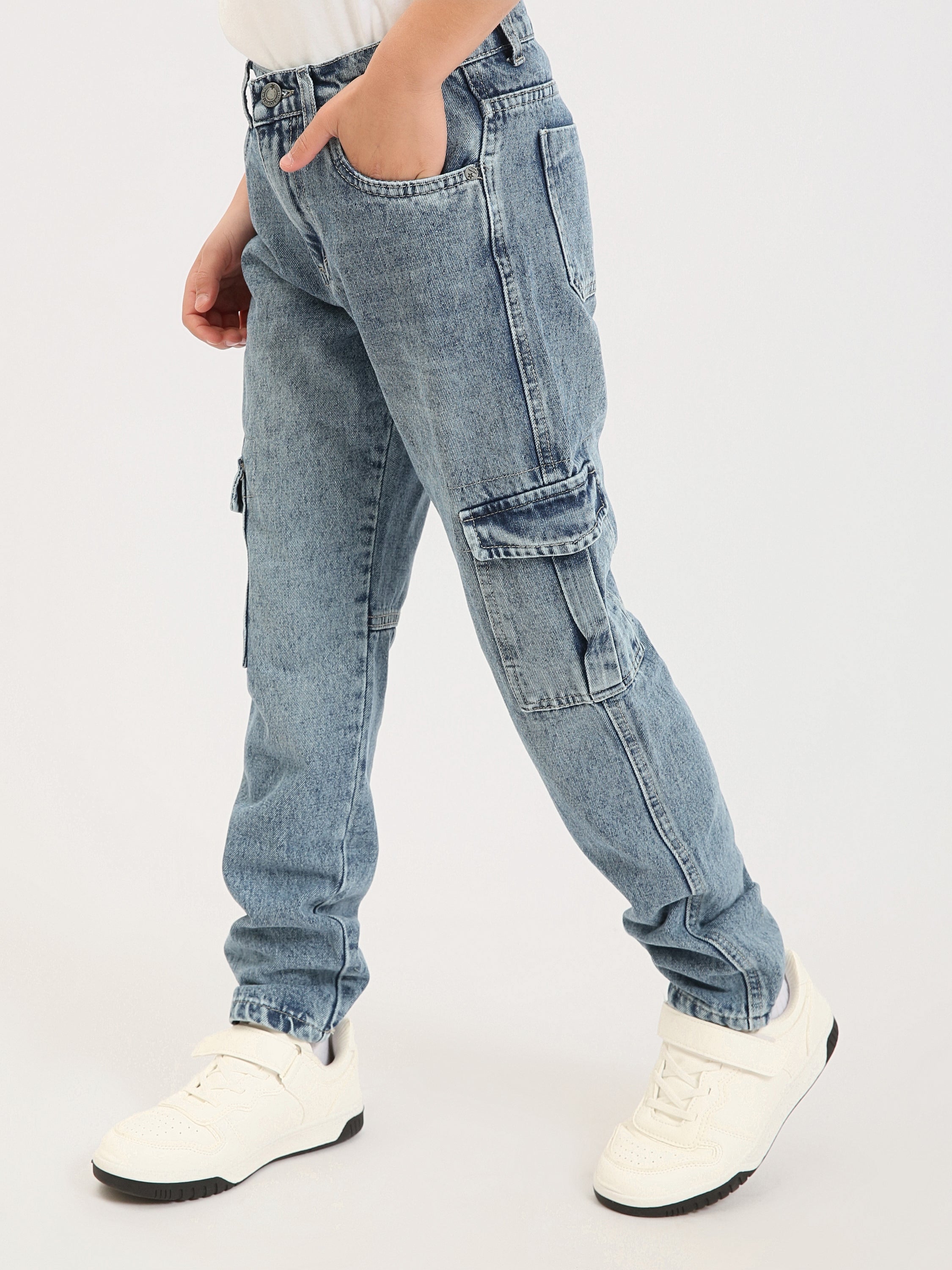 Jean cargo ado garçon en denim avec poches latérales – Coupe confortable - JNS25GBBW76704MJ1