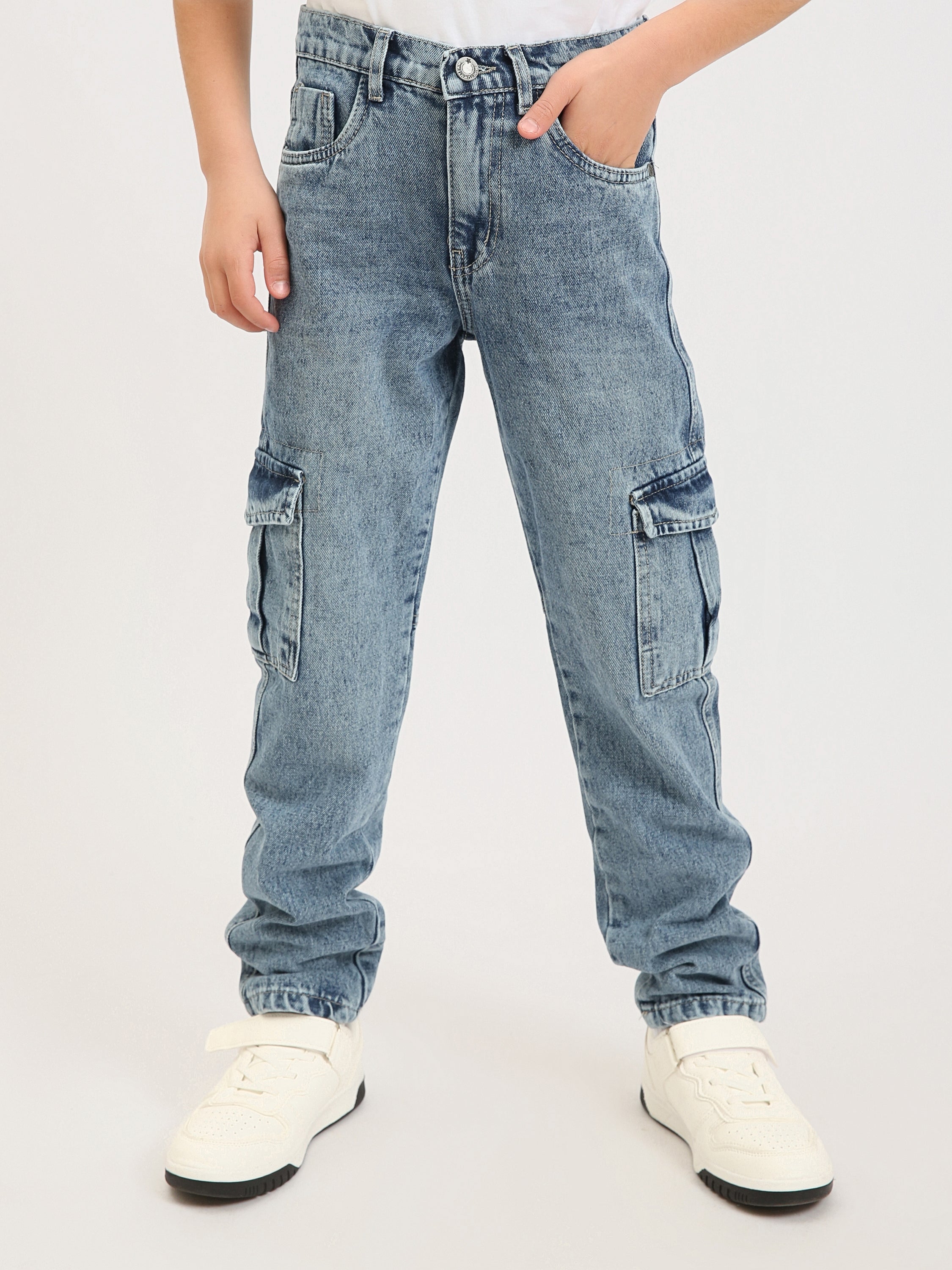 Jean cargo ado garçon en denim avec poches latérales – Coupe confortable - JNS25GBBW76704MJ1
