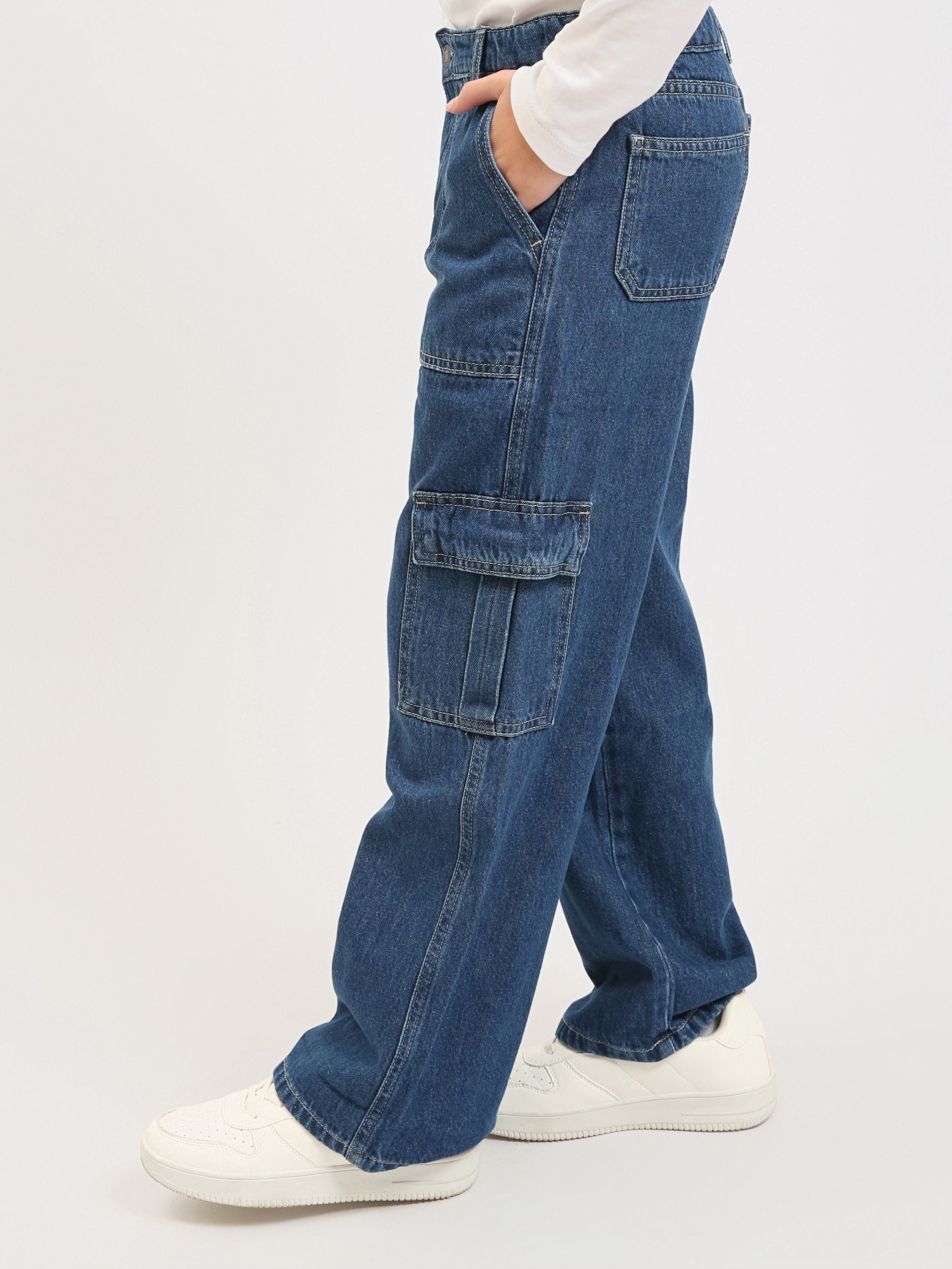 Jean cargo fille ado, coupe large avec poches et taille haute - JNS25GCGW71405MR1