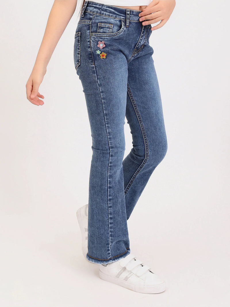 Jean fille ado bootcut avec broderie fleurs et finition effilochée - JNS25GSIW71404MR1