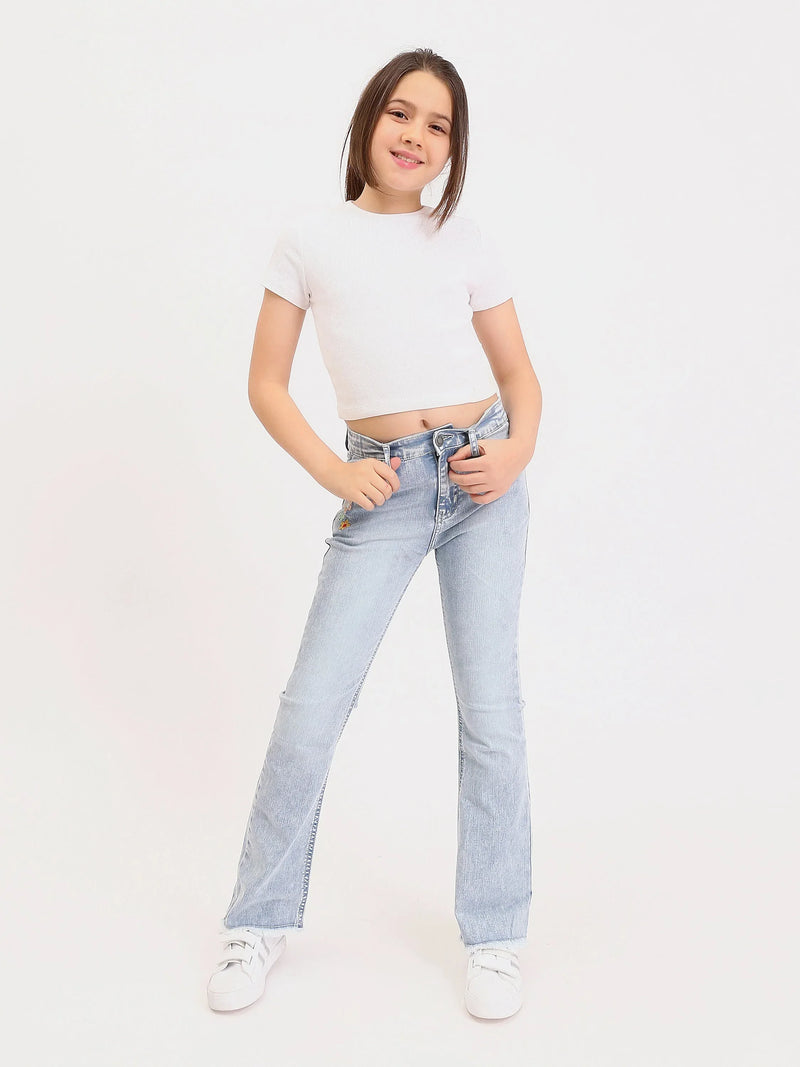 Jean fille ado bootcut avec broderie fleurs et finition effilochée - JNS25GSIW71404MR1