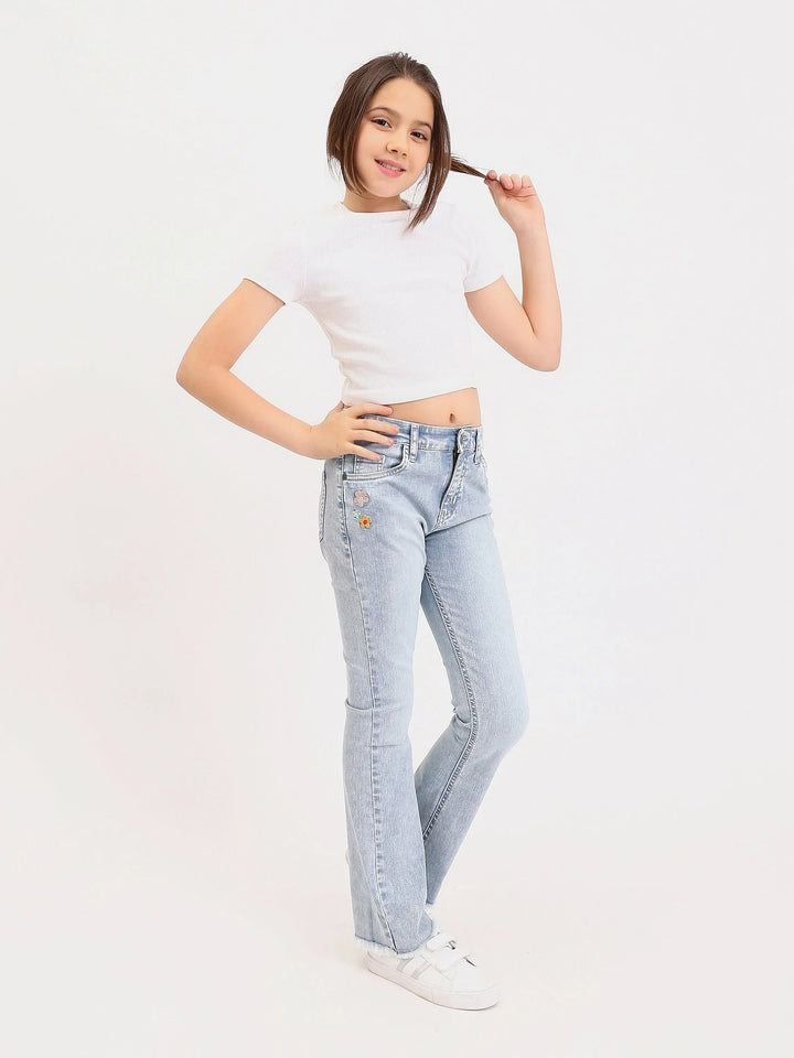 Jean fille ado bootcut avec broderie fleurs et finition effilochée - JNS25GSIW71404MR1
