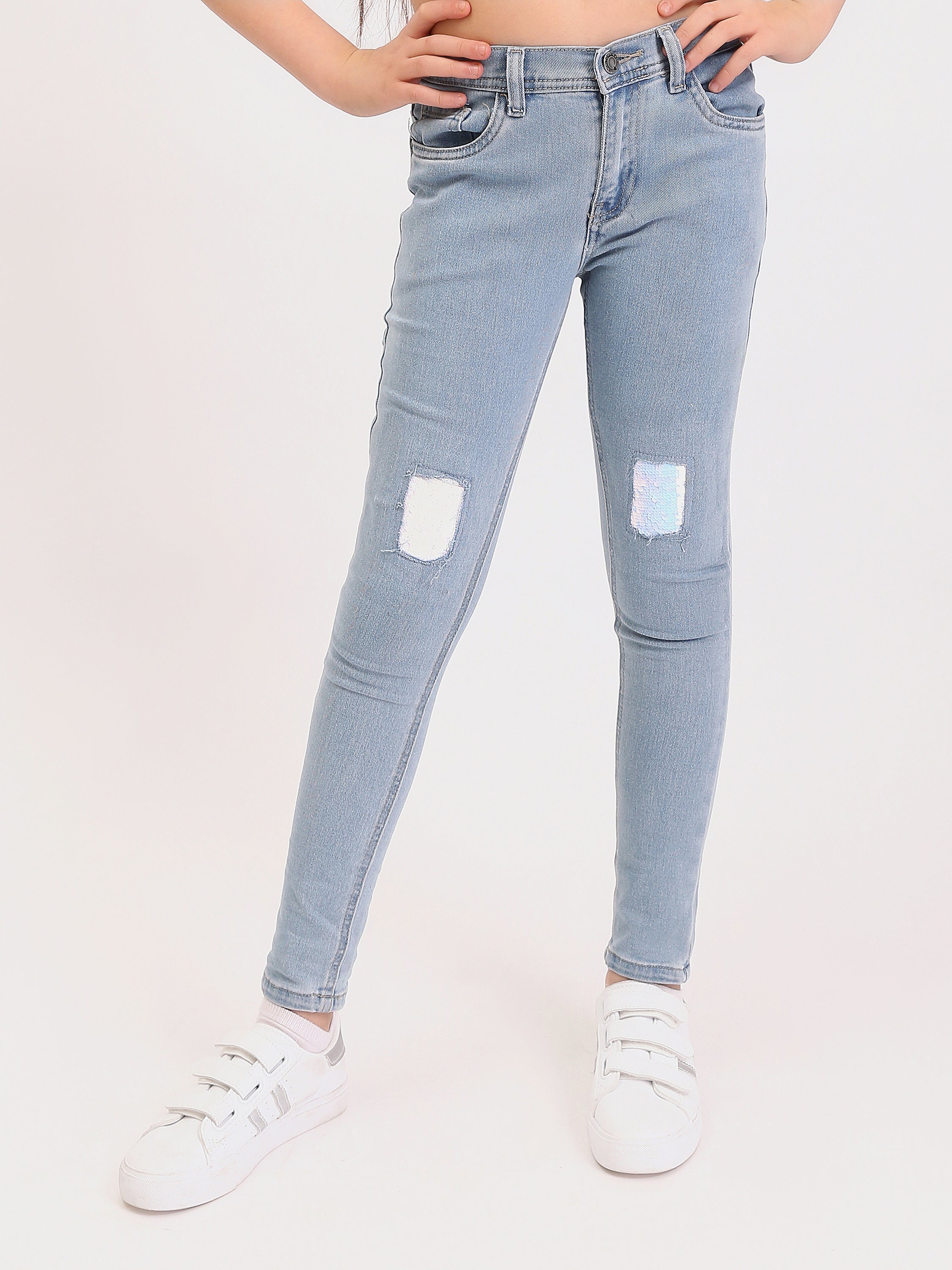 Jean Skinny Ado Fille Bleu Clair – Coupe Slim Stretch avec Détails Patchs - JNS25SKNE70568MR1