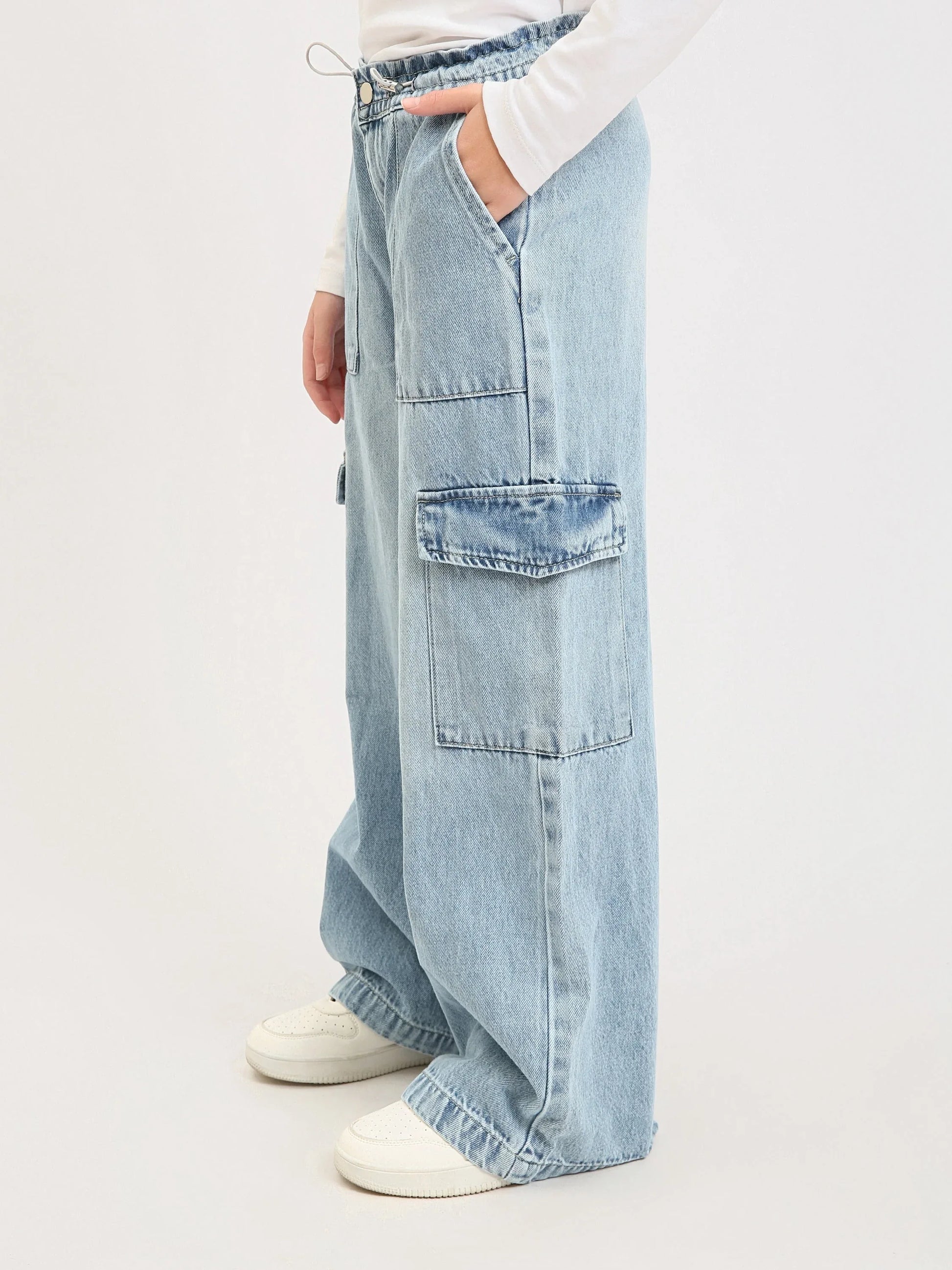 Pantalon cargo ado fille en denim coupe wide leg avec poches – Style streetwear - JOG25GDBP71447MR1 - Justyol