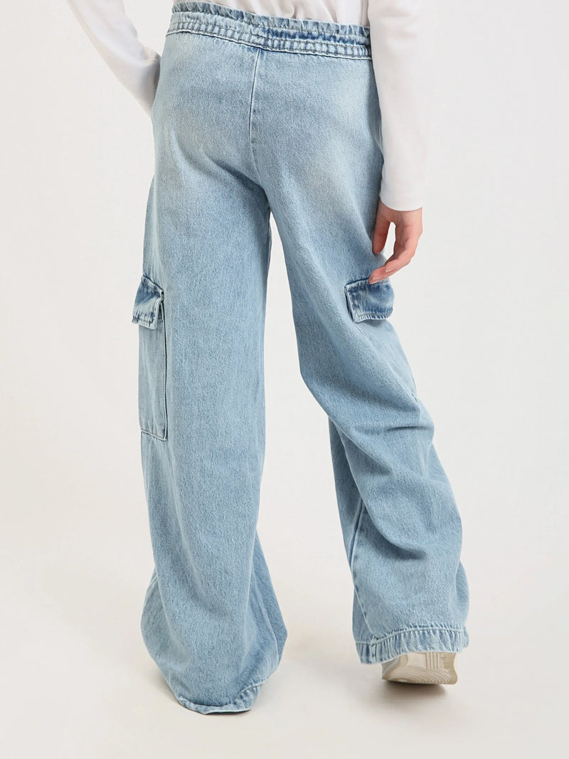 Pantalon cargo ado fille en denim coupe wide leg avec poches – Style streetwear - JOG25GDBP71447MR1