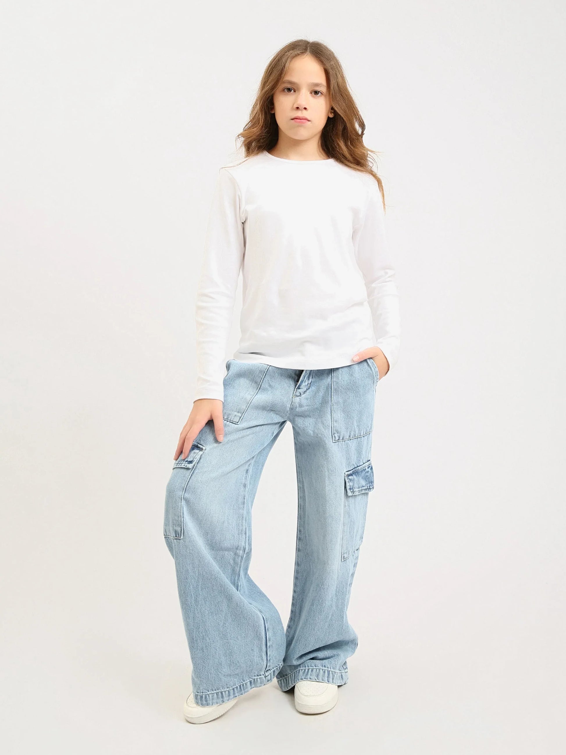 Pantalon cargo ado fille en denim coupe wide leg avec poches – Style streetwear - JOG25GDBP71447MR1 - Justyol