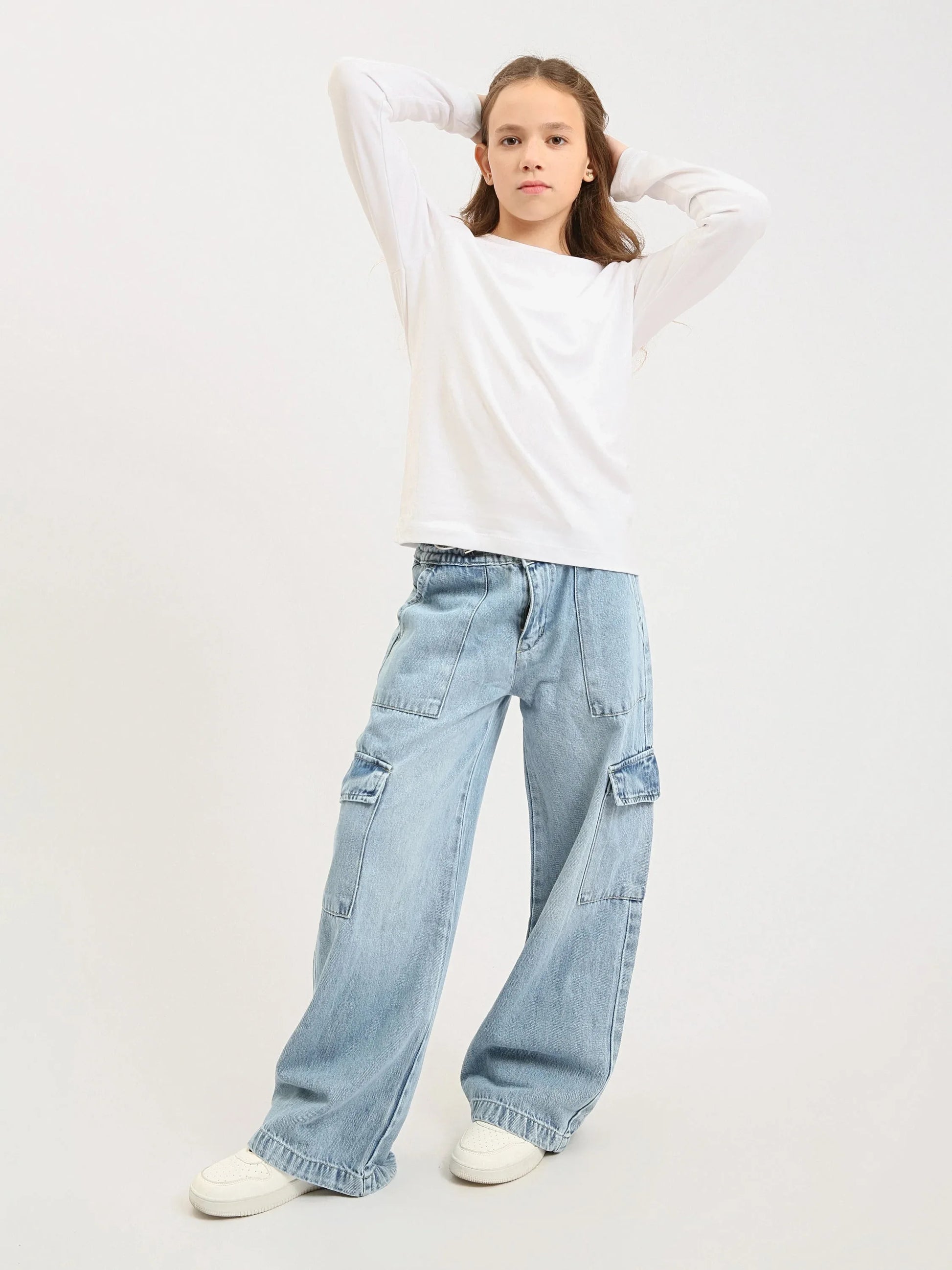 Pantalon cargo ado fille en denim coupe wide leg avec poches – Style streetwear - JOG25GDBP71447MR1 - Justyol