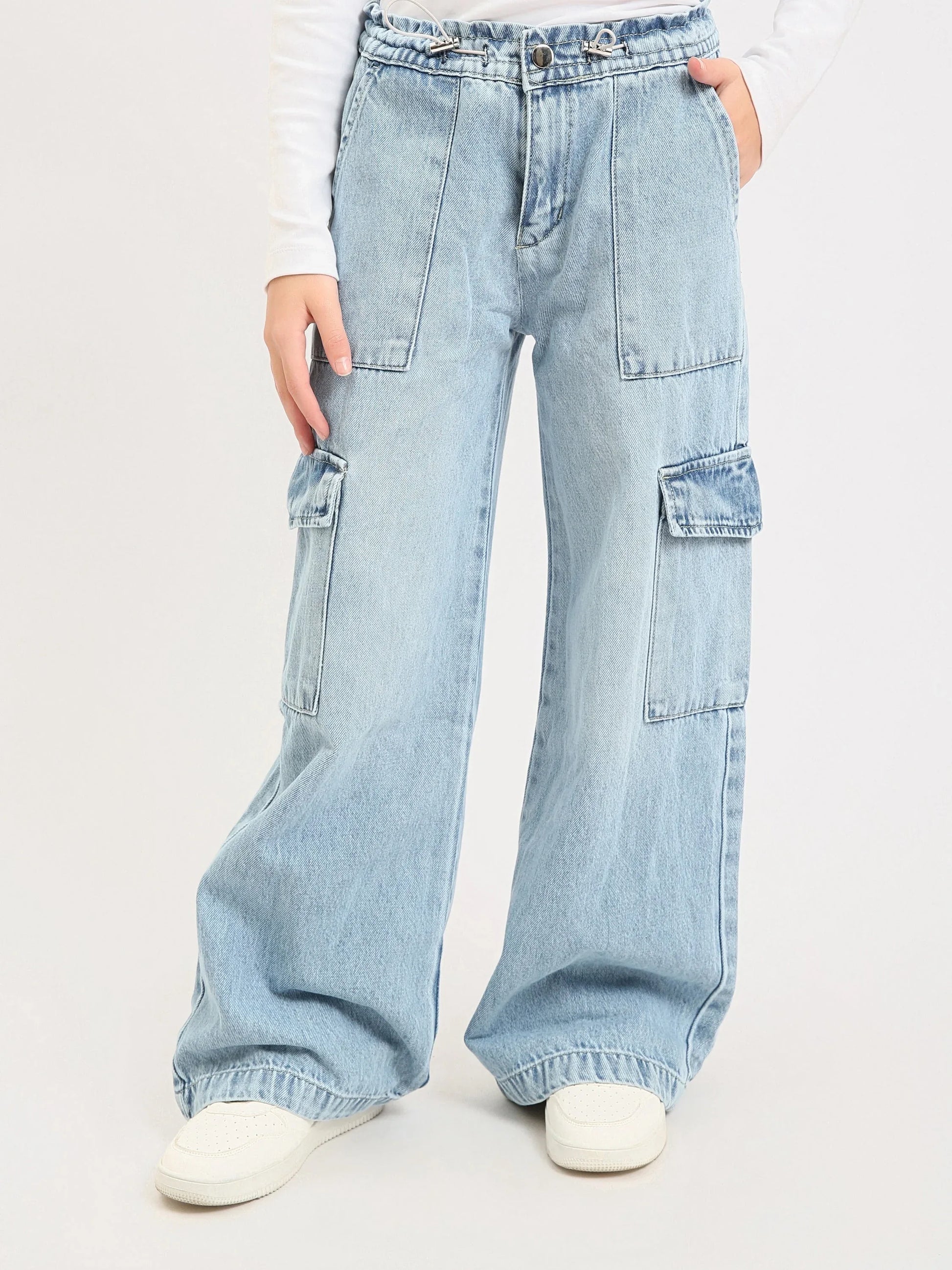 Pantalon cargo ado fille en denim coupe wide leg avec poches – Style streetwear - JOG25GDBP71447MR1 - Justyol