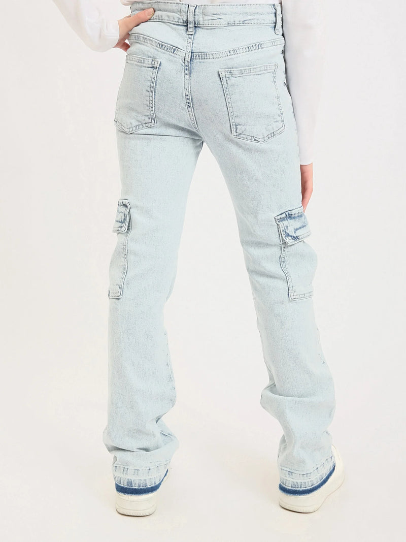 Jean cargo ado fille en denim – coupe droite, poches latérales - JOG25GDBP71448MR1