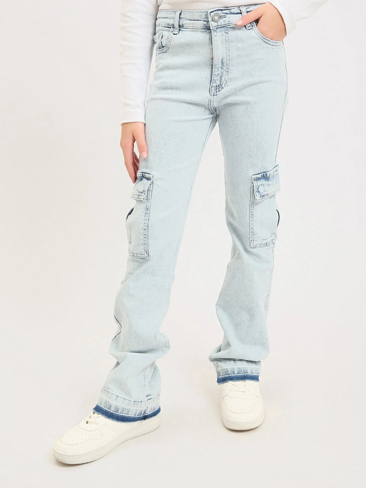Jean cargo ado fille en denim – coupe droite, poches latérales - JOG25GDBP71448MR1