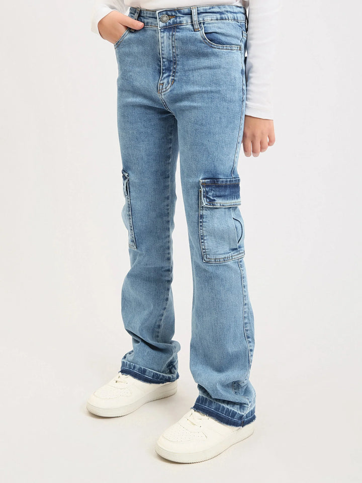 Jean cargo ado fille en denim – coupe droite, poches latérales - JOG25GDBP71448MR1