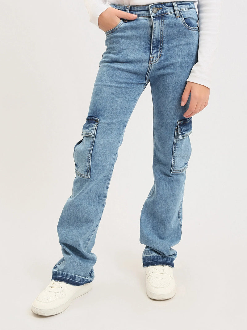 Jean cargo ado fille en denim – coupe droite, poches latérales - JOG25GDBP71448MR1