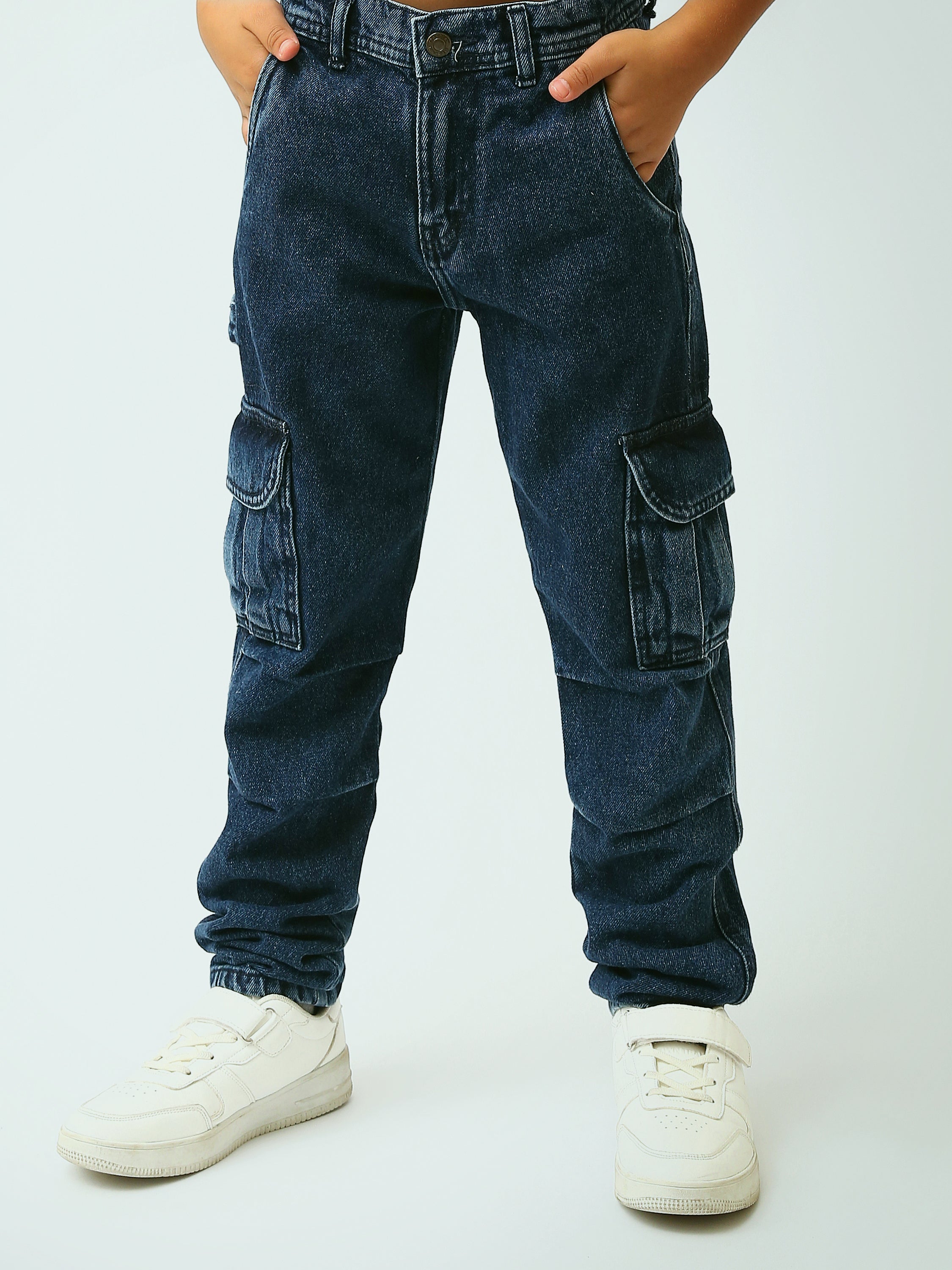 Jogger ado garçon style cargo en denim délavé avec poches à rabat - JOG25GDWL24276TJ1