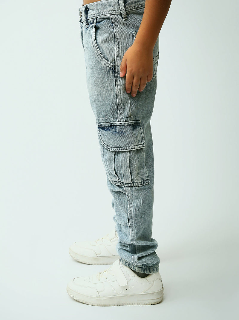 Jogger ado garçon style cargo en denim délavé avec poches à rabat - JOG25GDWL24276TJ1