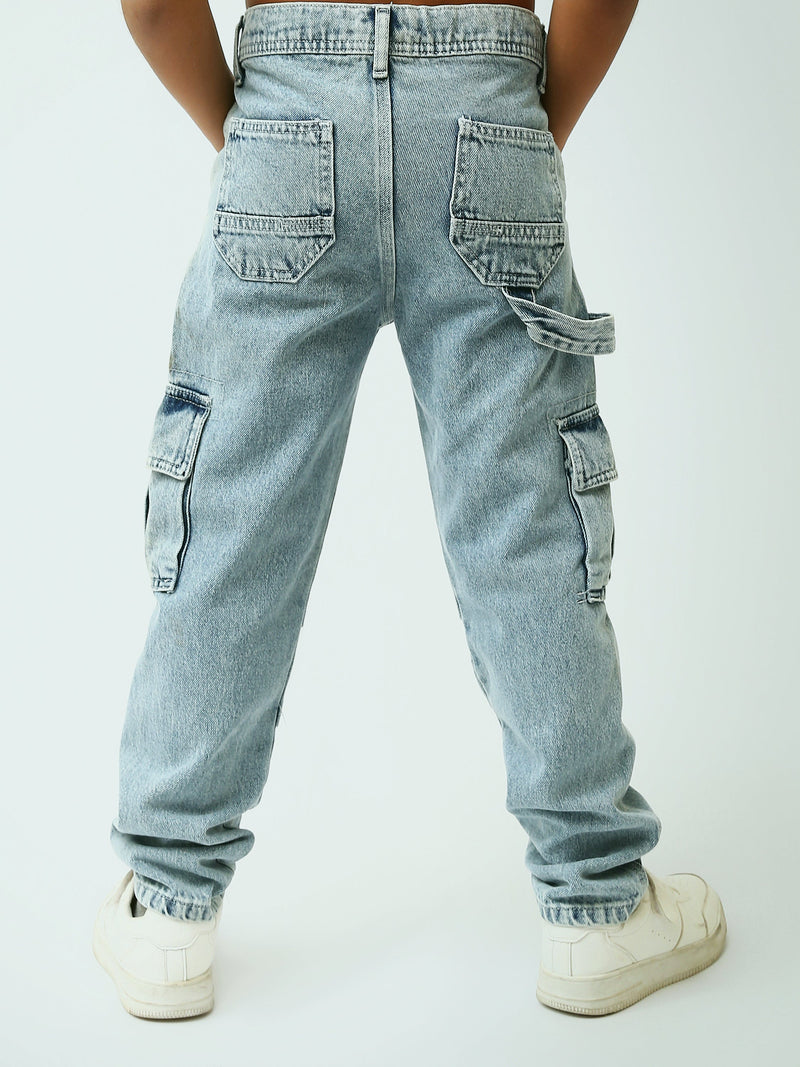 Jogger ado garçon style cargo en denim délavé avec poches à rabat - JOG25GDWL24276TJ1