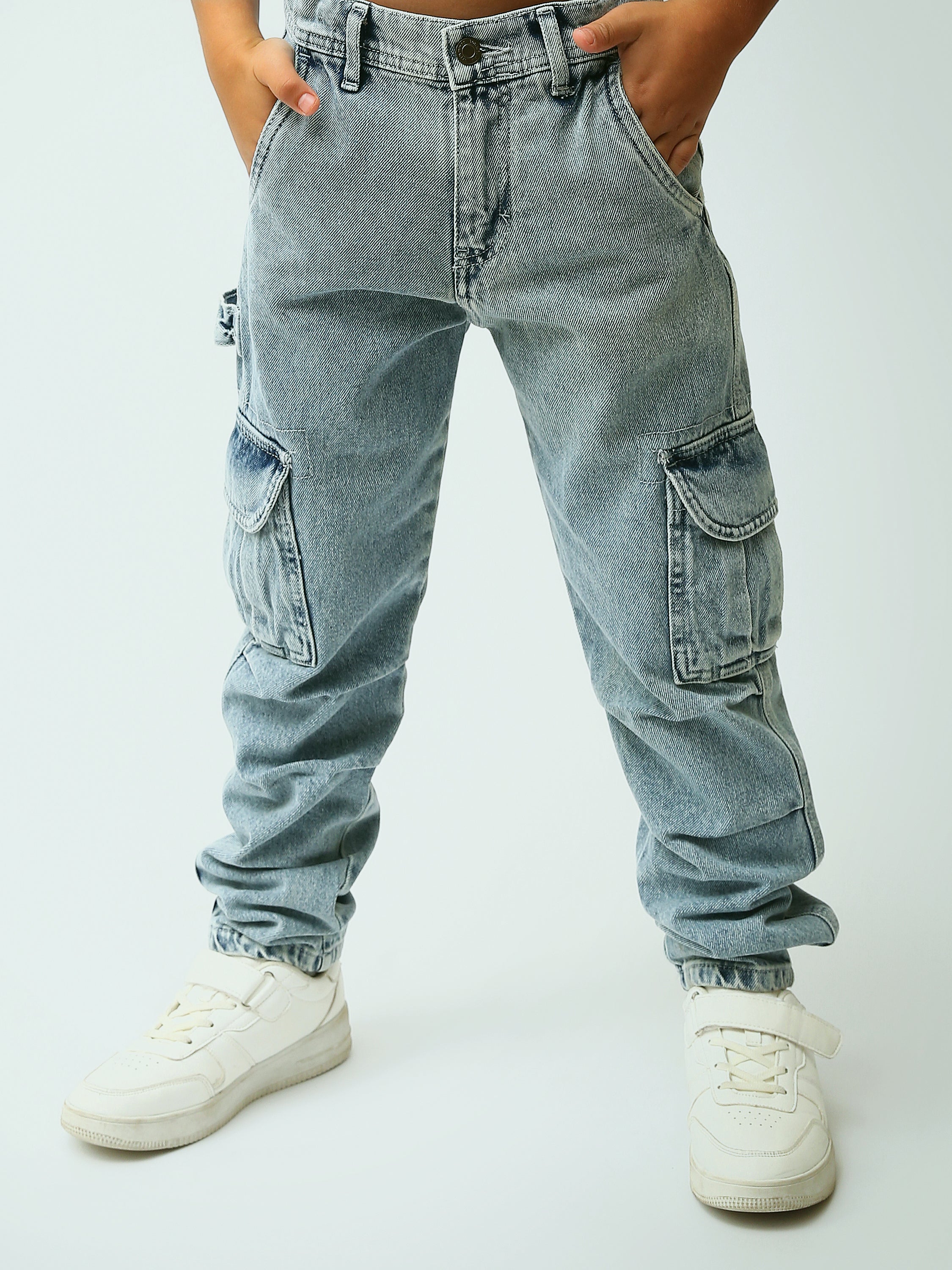 Jogger ado garçon style cargo en denim délavé avec poches à rabat - JOG25GDWL24276TJ1