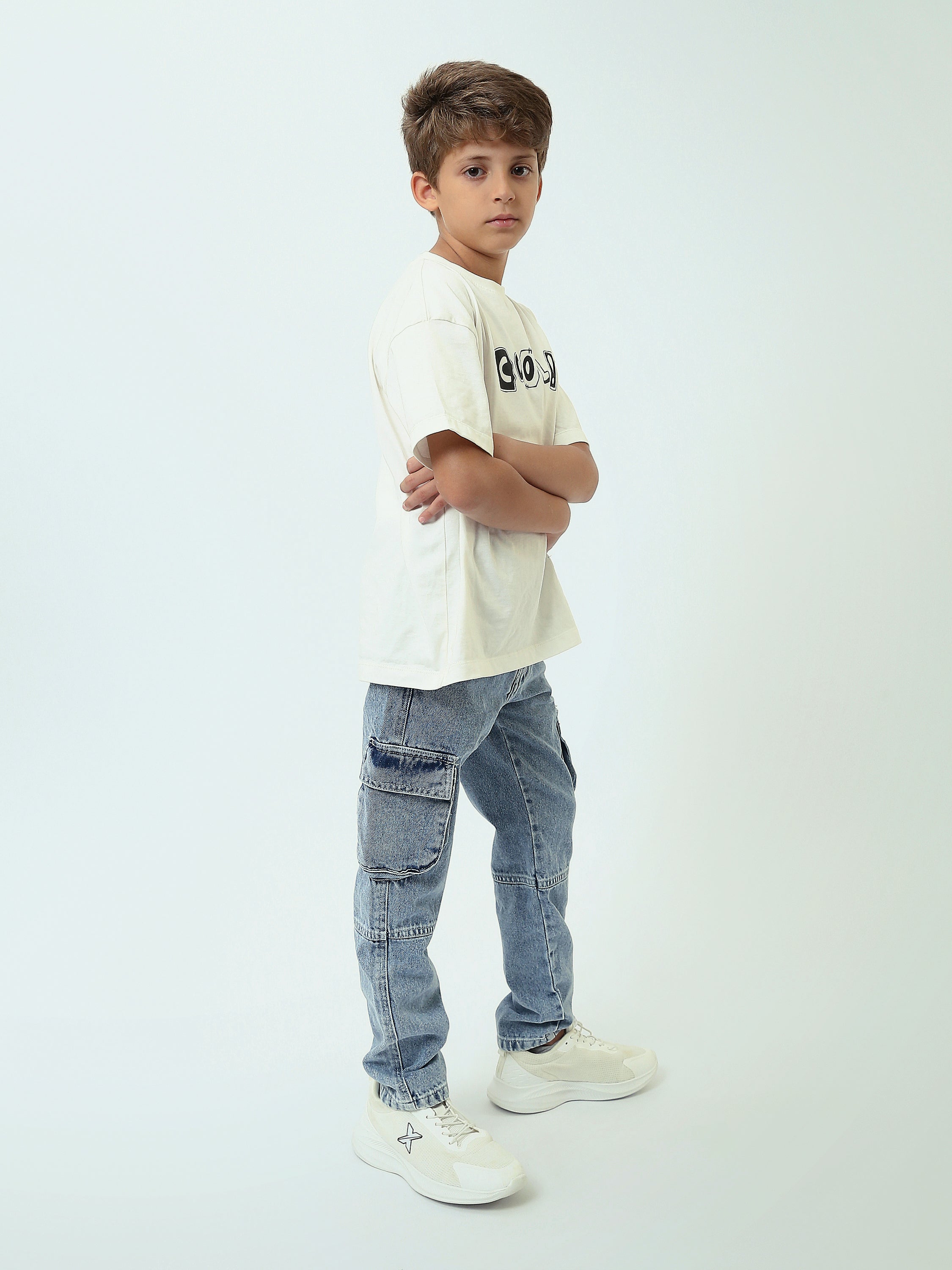 Jogger garçon style cargo en denim délavé avec poches latérales - JOG25GDWL24295TB1