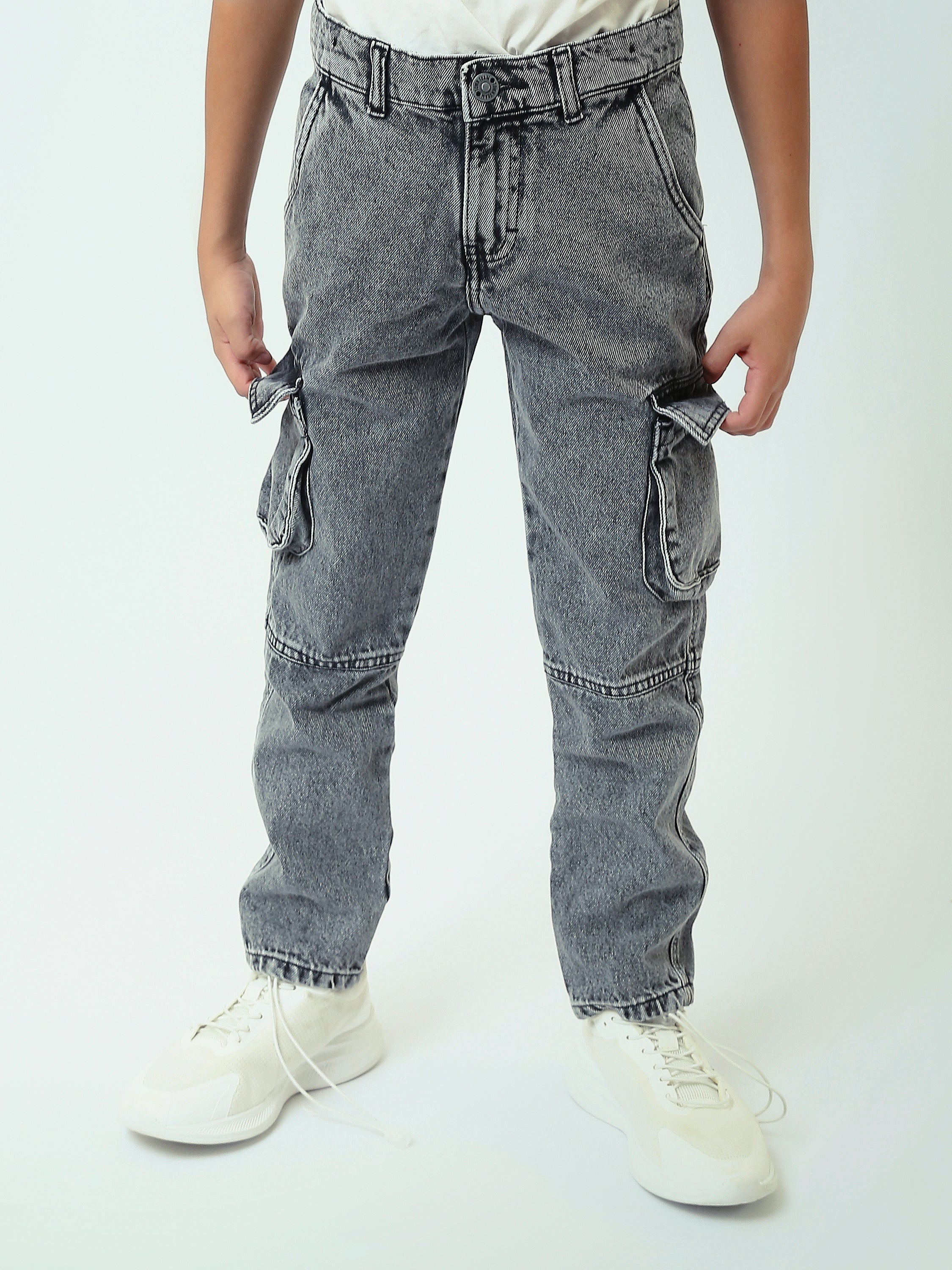 Jogger garçon style cargo en denim délavé avec poches latérales - JOG25GDWL24295TB1