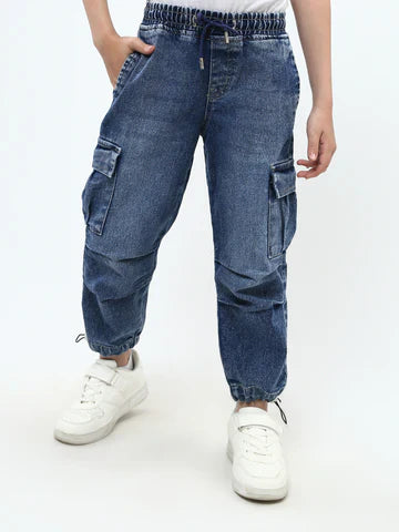 Jogger jean cargo ado garçon bleu – taille élastique, poches - JOG25GDWP76808MJ1