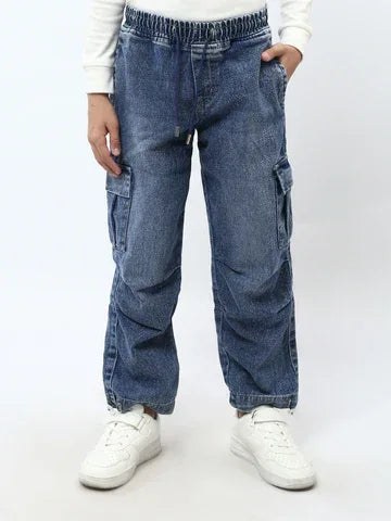 Pantalon jogger garçon en jean cargo, taille élastique – JOG25GDWP76808MB1 - Justyol