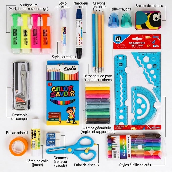 Pack De Fournitures Scolaires multicolore - Kit de Fournitures Scolaires et de Bureau – Stylos Gel, Crayons de Couleur, , Ciseaux, Règles, Marqueurs, Colle et Accessoires de Traçage