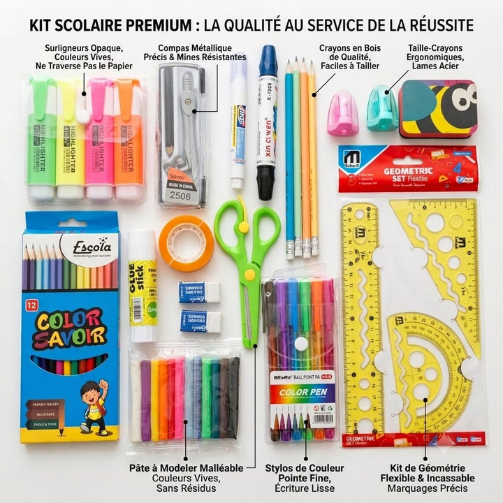 Pack De Fournitures Scolaires multicolore - Kit de Fournitures Scolaires et de Bureau – Stylos Gel, Crayons de Couleur, , Ciseaux, Règles, Marqueurs, Colle et Accessoires de Traçage