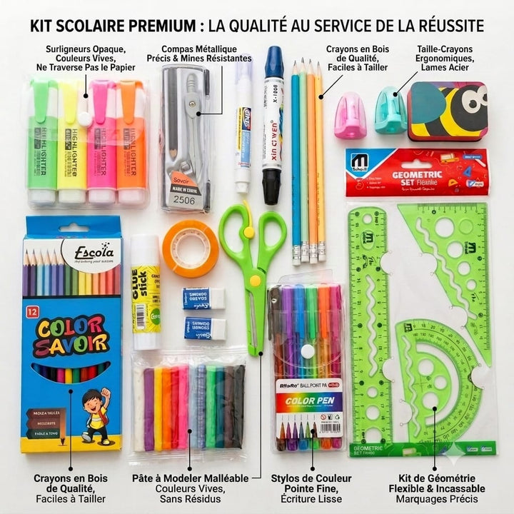 Pack De Fournitures Scolaires multicolore - Kit de Fournitures Scolaires et de Bureau – Stylos Gel, Crayons de Couleur, , Ciseaux, Règles, Marqueurs, Colle et Accessoires de Traçage