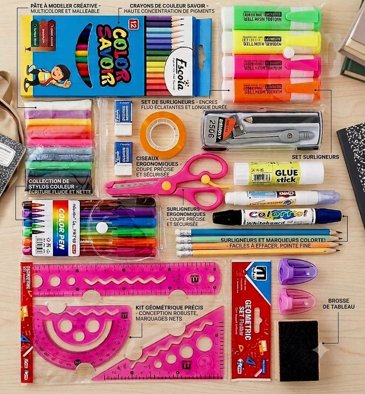 Pack De Fournitures Scolaires multicolore - Kit de Fournitures Scolaires et de Bureau – Stylos Gel, Crayons de Couleur, , Ciseaux, Règles, Marqueurs, Colle et Accessoires de Traçage