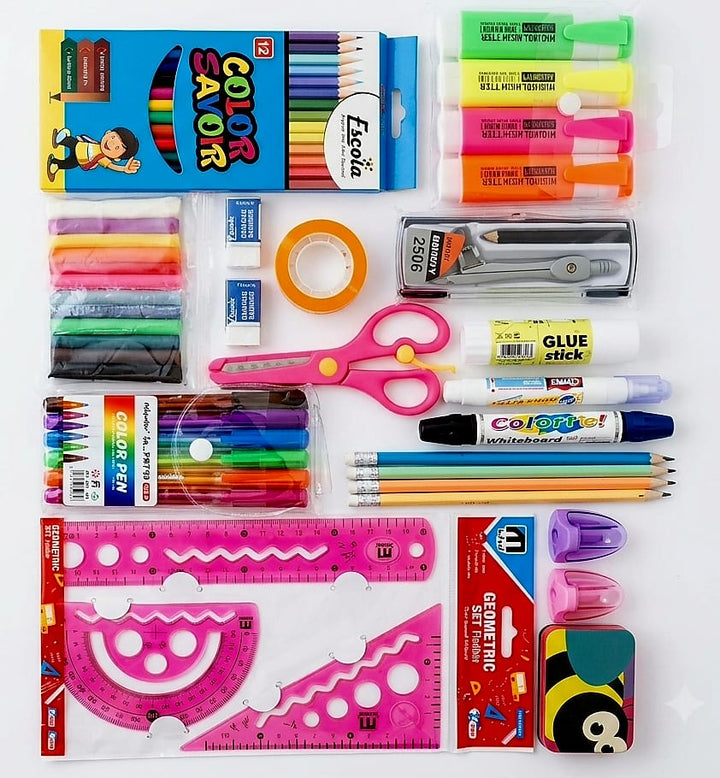 Pack De Fournitures Scolaires multicolore - Kit de Fournitures Scolaires et de Bureau – Stylos Gel, Crayons de Couleur, , Ciseaux, Règles, Marqueurs, Colle et Accessoires de Traçage