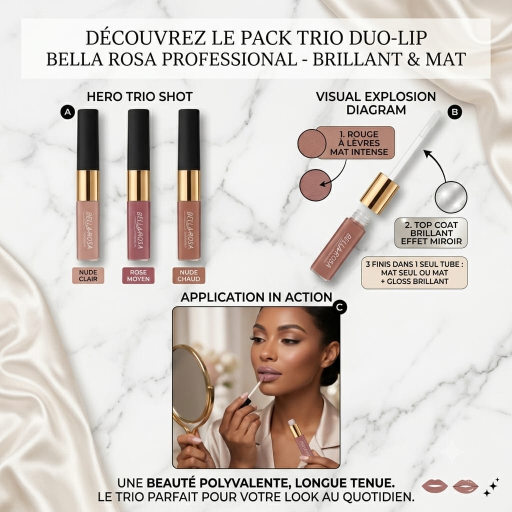 Pack 3 Trio Lèvres Élégance LIQUID LIPSTICK + LIP GLOSS – Double effet : Mat & Brillant - Longue tenue 16+ Couleurs hautement pigmentée