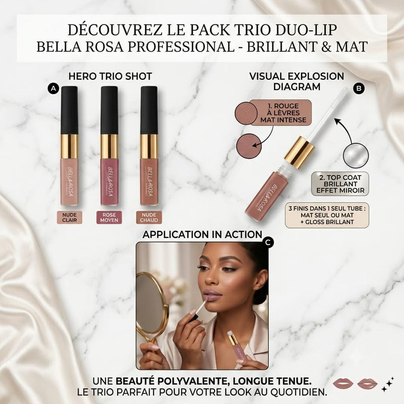Pack 3 Trio Lèvres Élégance LIQUID LIPSTICK + LIP GLOSS – Double effet : Mat & Brillant - Longue tenue 16+ Couleurs hautement pigmentée